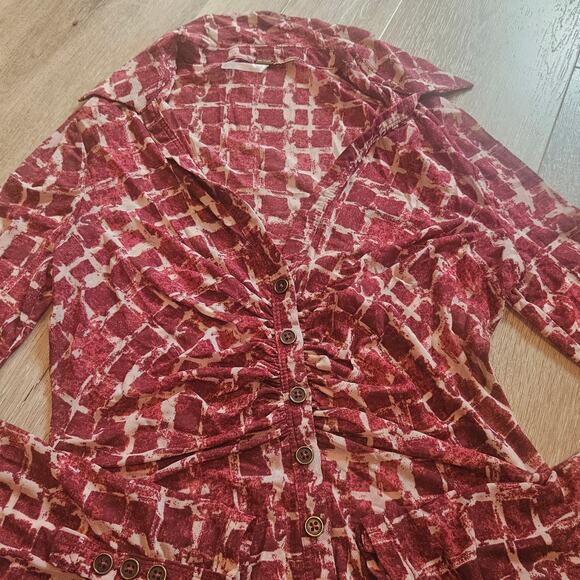 Free People Red Cream Plaid Sheer Long Sleeve Button Front Blouse Small Retro - Picture 6 of 7